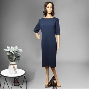 Blue Shift Dress Lafayette 148 Knee Length Navy Knit Half Sleeve Womens Size 18